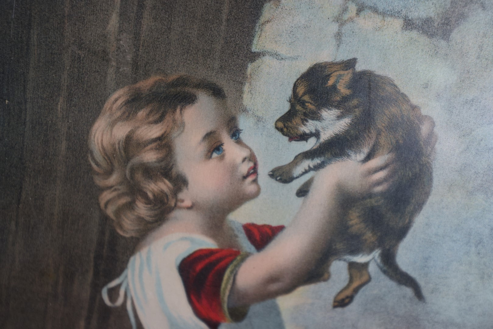 Lot 030 - Antique Print Of Girl Kissing Puppy With Bigger Dog Looking On, Titled "Kiss Me," Original Painting By Goerge A. Holmes