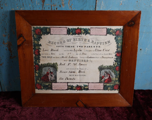 Lot 032 - Antique Hand Colored Lithograph Record Of Birth And Baptism For Horace Abiah Blouch, 1863