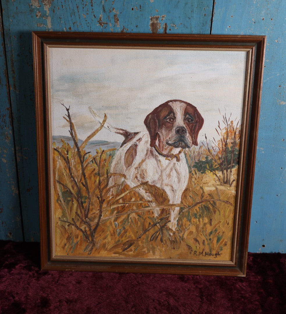 Lot 036 - Vintage Naive Hunting Dog Oil On Board Painting, Signed R.M. Hough