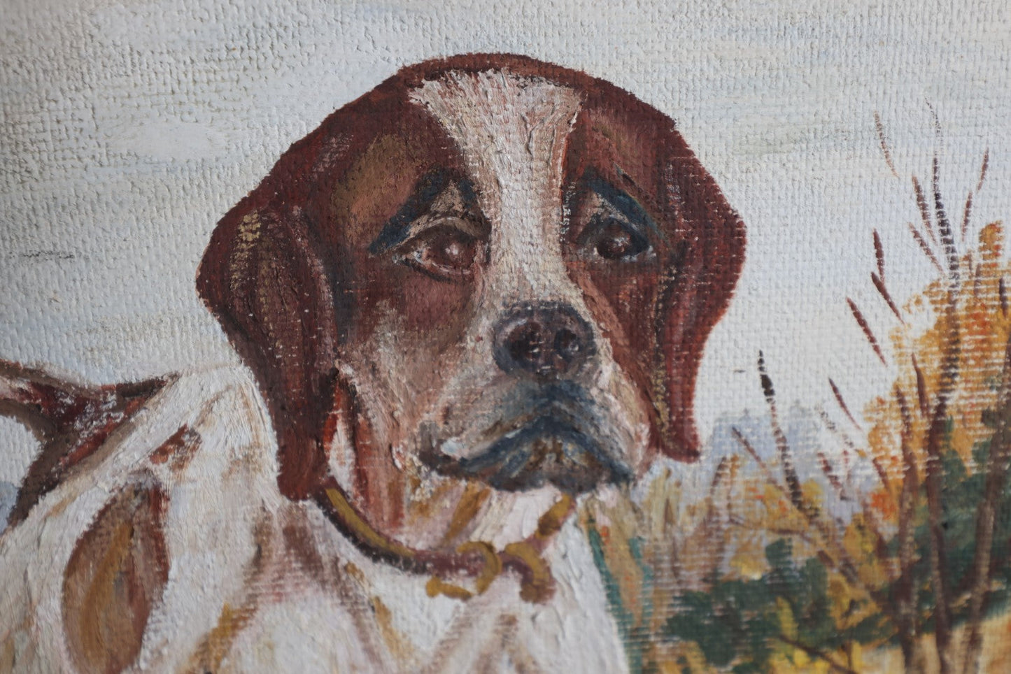 Lot 036 - Vintage Naive Hunting Dog Oil On Board Painting, Signed R.M. Hough