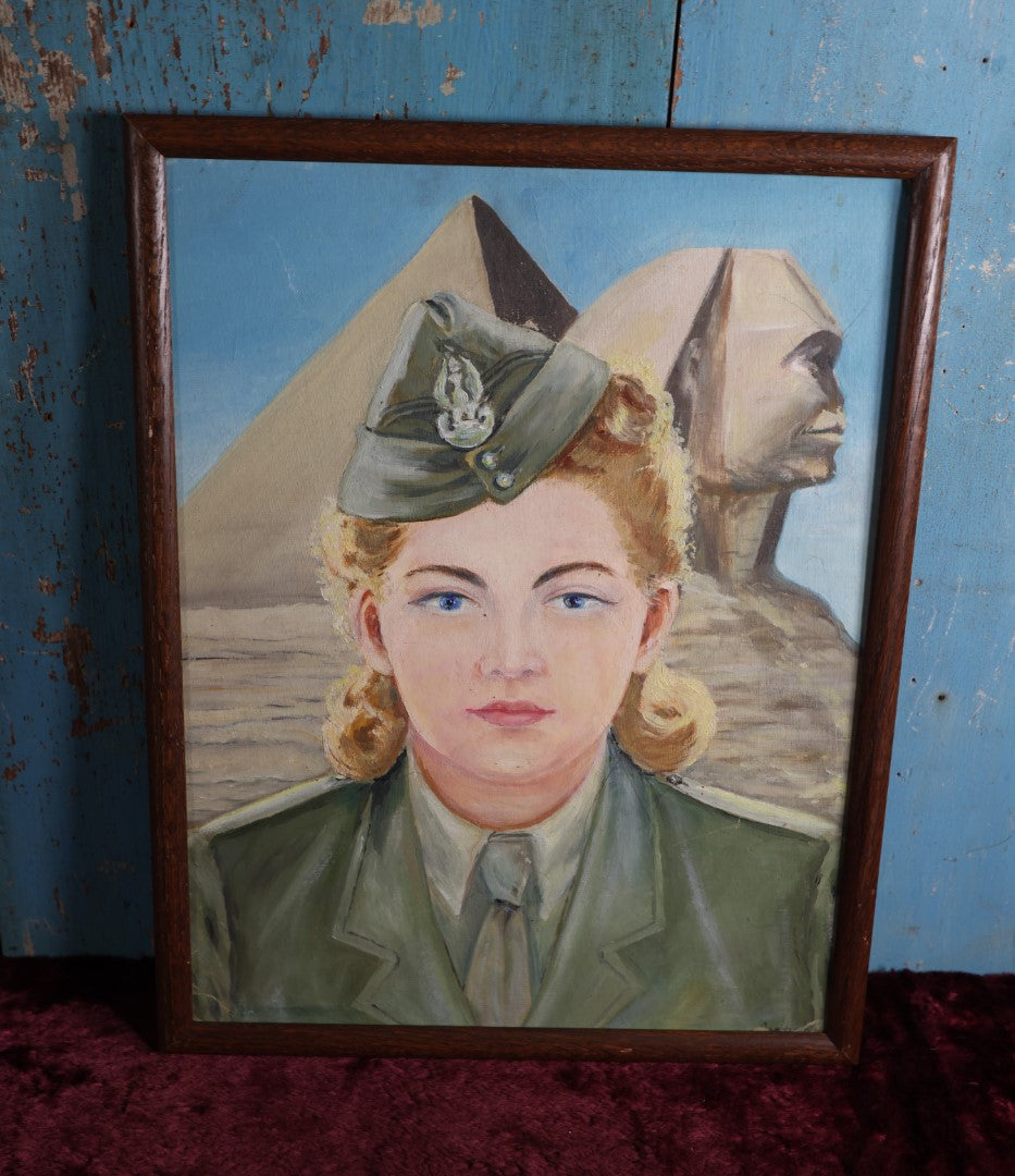 Lot 037 - Vintage Naive Painting Of Servicewoman In Front Of Pyramids, Sphinx, Oil On Board In Frame