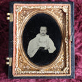 Lot 047 - Antique 9th Plate Blacked Out Background Photo Of Baby In Half Thermoplastic Case With Birds In Fountain