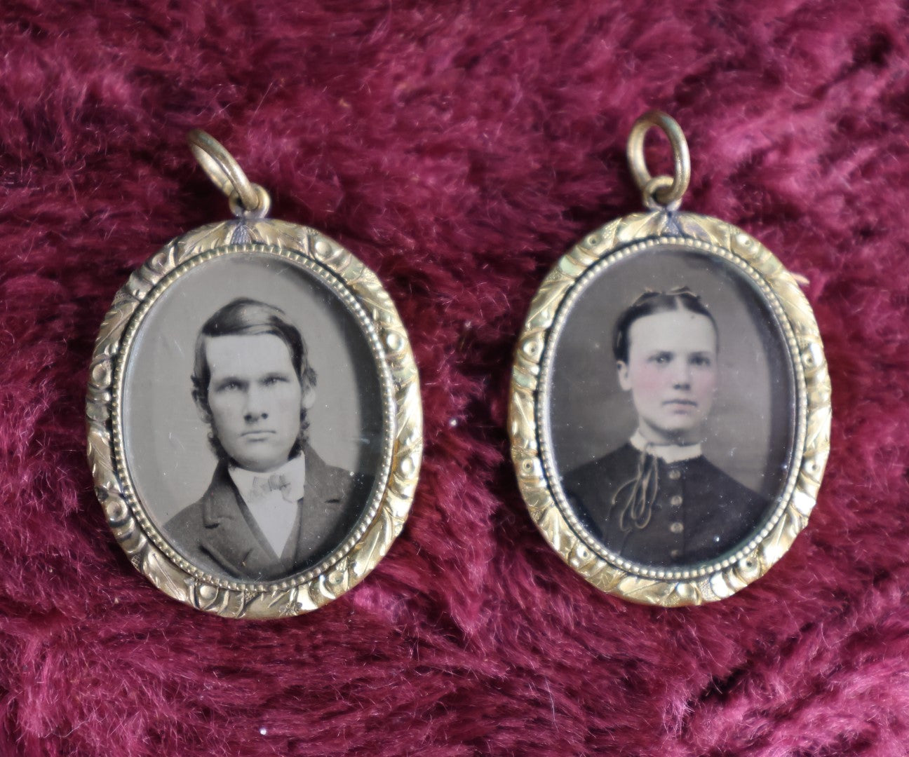 Lot 058 - Pair Of Antique Gold Toned Pendants With Tintype Photos, Man And Woman