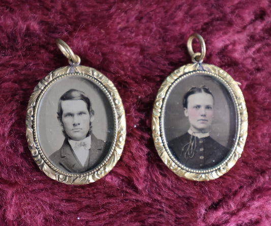 Lot 058 - Pair Of Antique Gold Toned Pendants With Tintype Photos, Man And Woman