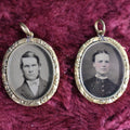 Lot 058 - Pair Of Antique Gold Toned Pendants With Tintype Photos, Man And Woman