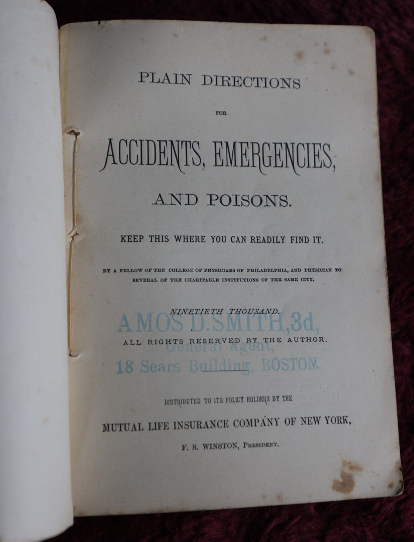 Lot 063 - Antique Advertising Book, Plain Directions For Accidents, Emergencies, And Poisons, Distributed By The Mutual Life Insurance Company, New York, 1875