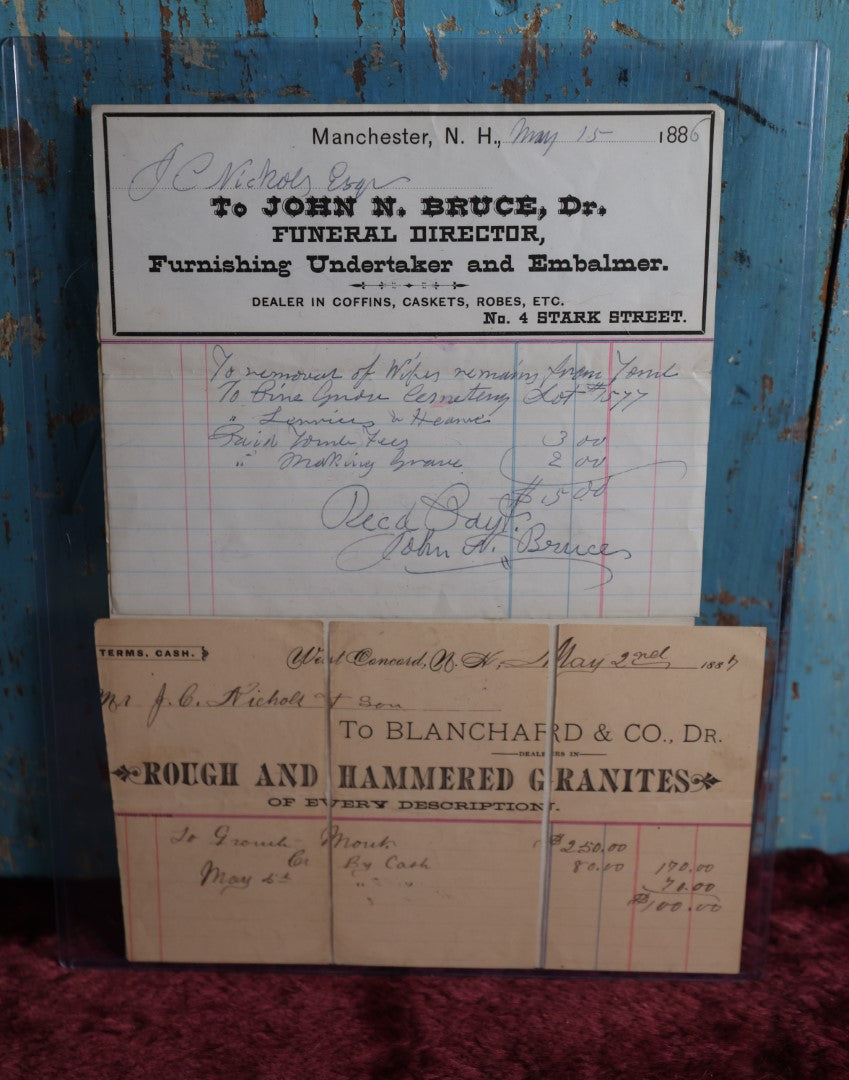 Lot 067 - Grouping Of Antique Funeral Ephemera, John N. Bruce, Dr., Funeral Director, Undertaker, Embalmer, Other Documents, Manchester, N.H., 1880S