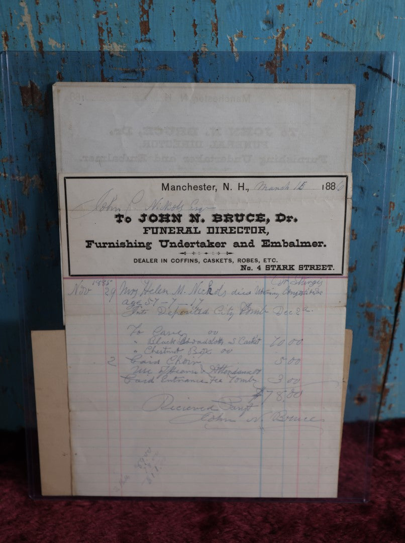 Lot 067 - Grouping Of Antique Funeral Ephemera, John N. Bruce, Dr., Funeral Director, Undertaker, Embalmer, Other Documents, Manchester, N.H., 1880S