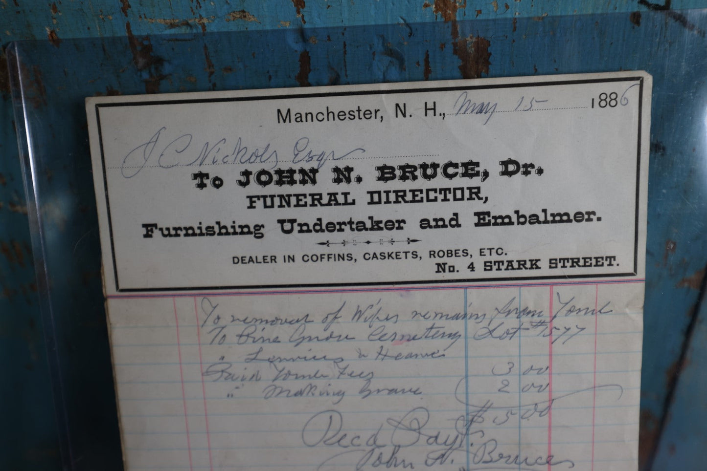 Lot 067 - Grouping Of Antique Funeral Ephemera, John N. Bruce, Dr., Funeral Director, Undertaker, Embalmer, Other Documents, Manchester, N.H., 1880S