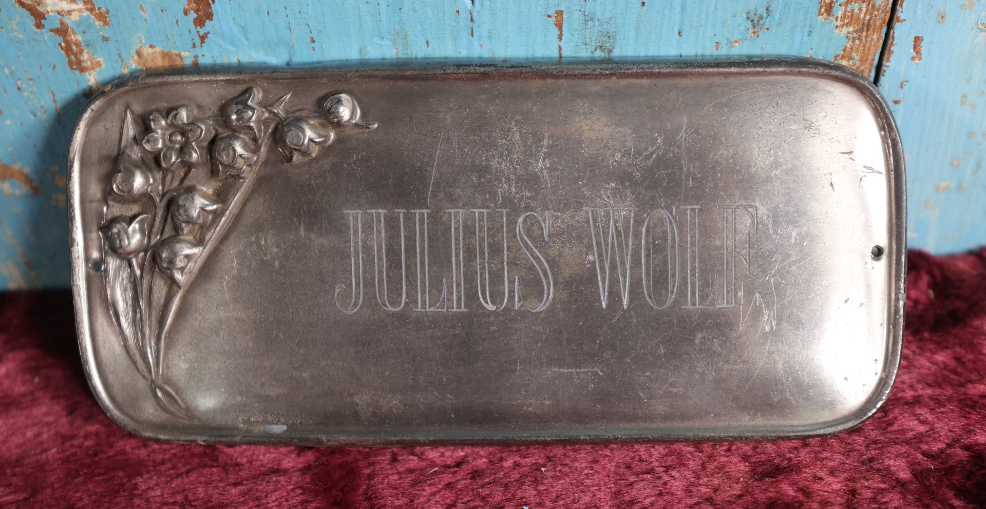 Lot 068 - Antique Metal Casket Plaque For Julius Wolf