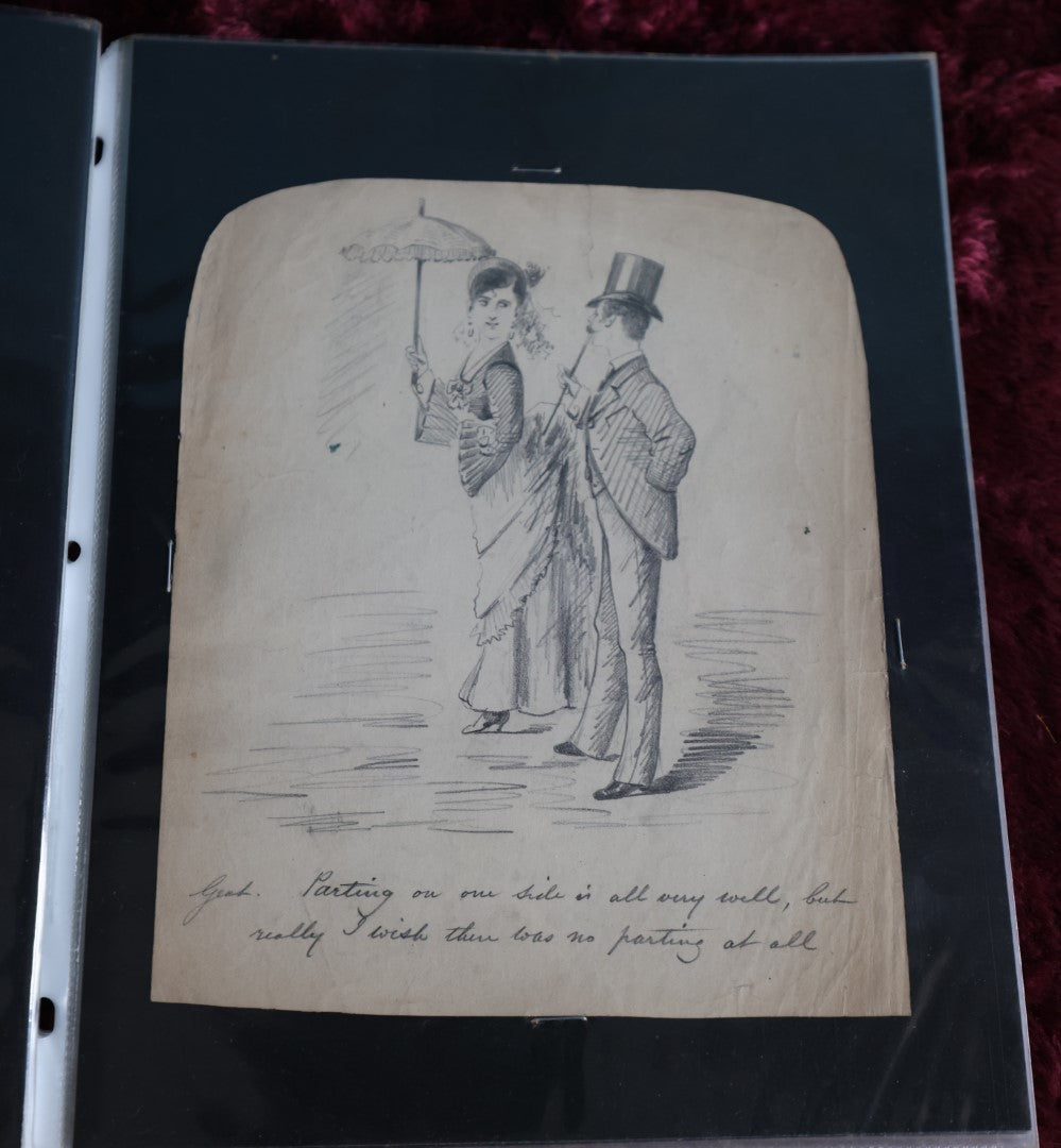 Lot 069 - Antique Grouping Of Circa 1875 Pencil Sketches, Organized Neatly Into A Makeshift Book, Women, Dogs, Shows, Initialed Signature