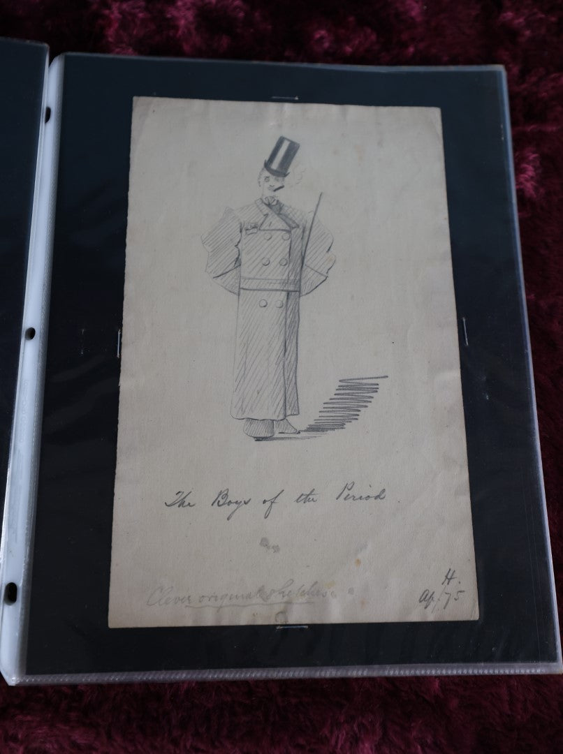 Lot 069 - Antique Grouping Of Circa 1875 Pencil Sketches, Organized Neatly Into A Makeshift Book, Women, Dogs, Shows, Initialed Signature