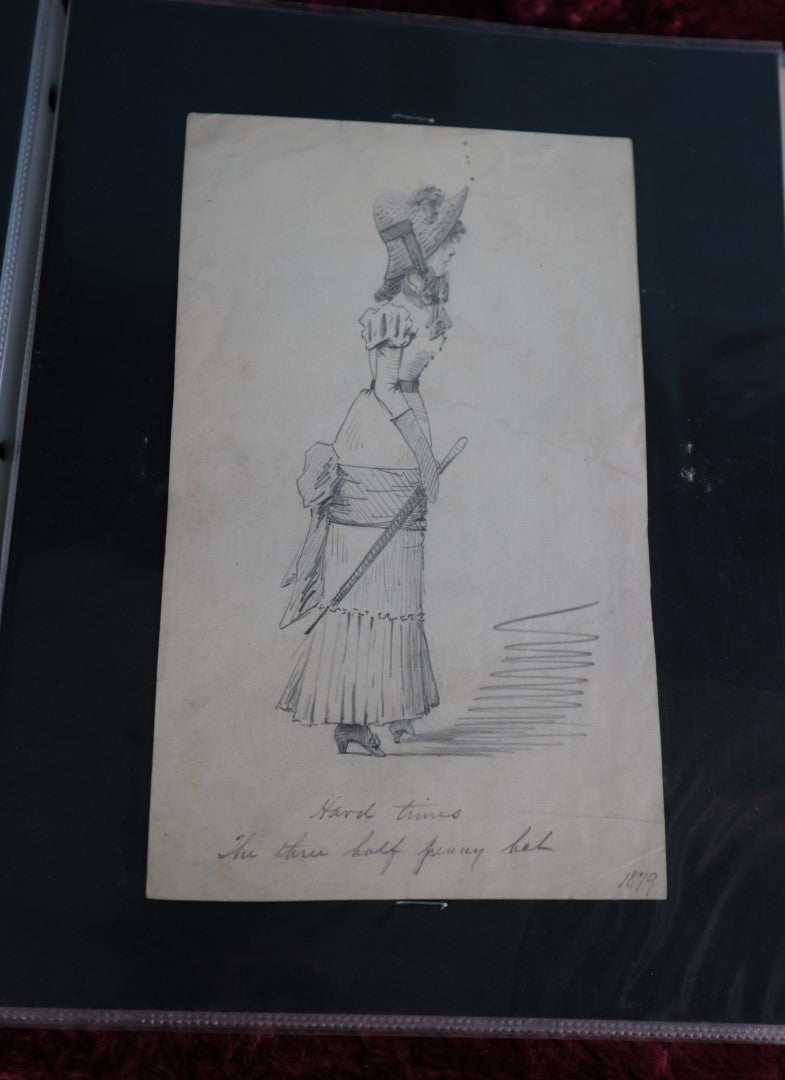 Lot 069 - Antique Grouping Of Circa 1875 Pencil Sketches, Organized Neatly Into A Makeshift Book, Women, Dogs, Shows, Initialed Signature