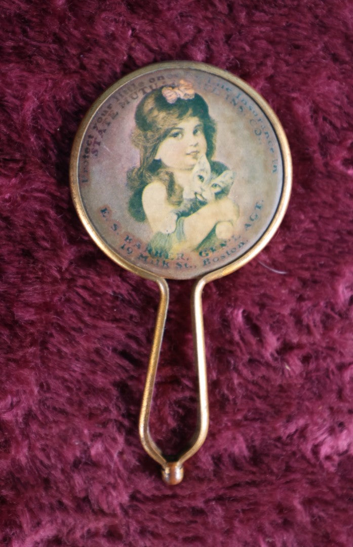 Lot 071 - Vinatge Mini Hand Mirror, Advertisement For State Mutual Insurance Co., Boston, Girl With Cat