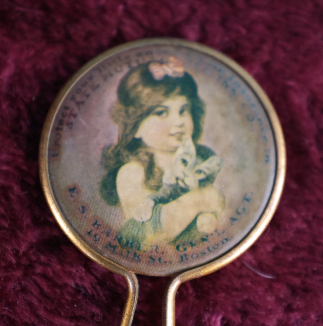 Lot 071 - Vinatge Mini Hand Mirror, Advertisement For State Mutual Insurance Co., Boston, Girl With Cat