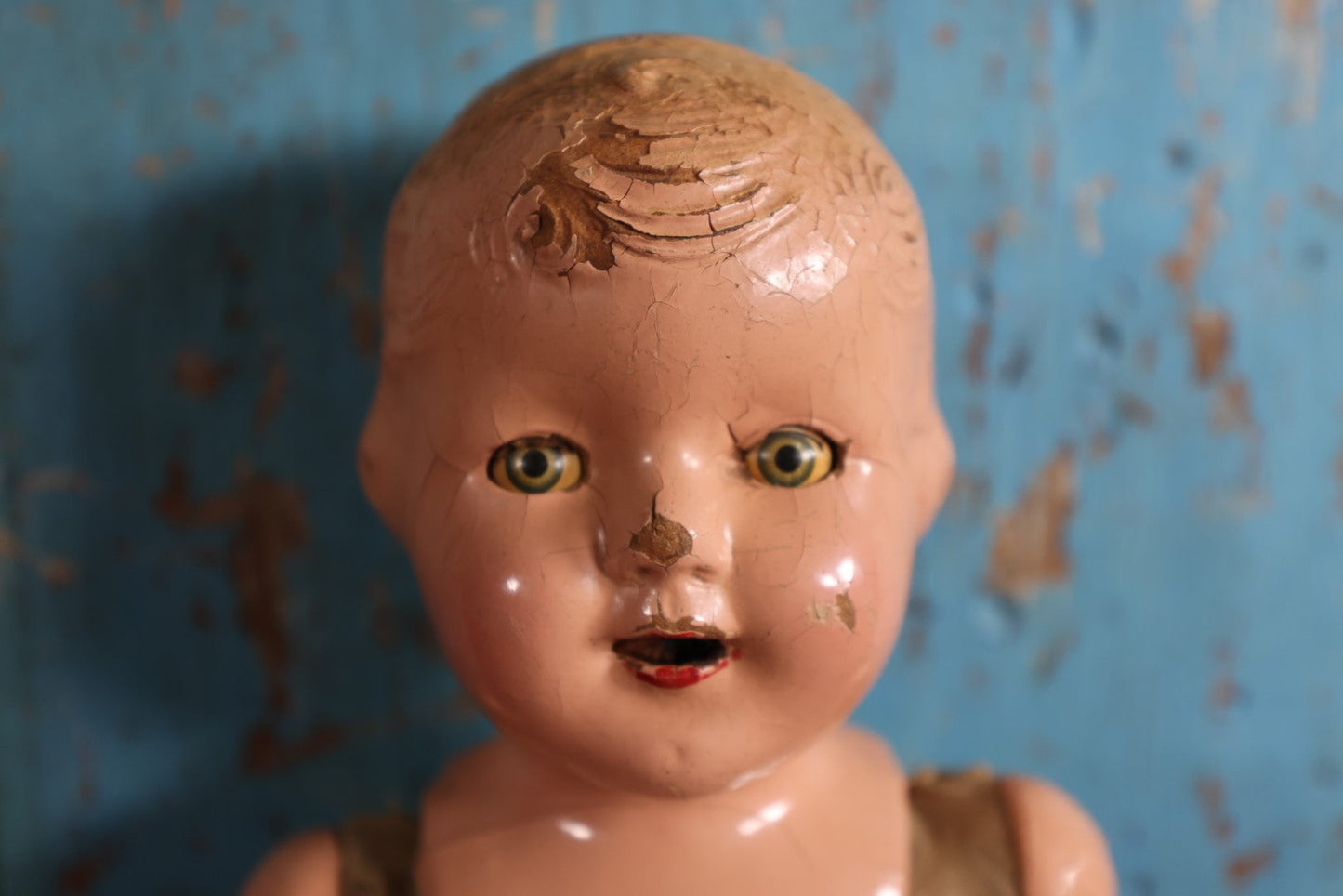 Lot 072 - Vintage Composition Baby Doll, Various Cracking, Losses, Creepy Doll