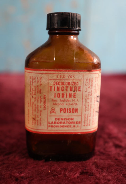 Lot 075 - Vintage Poison Bottle, Tincture Of Iodine, Paper Label, Denison Laboratories, Providence, Ri, Possibly Not Original Label