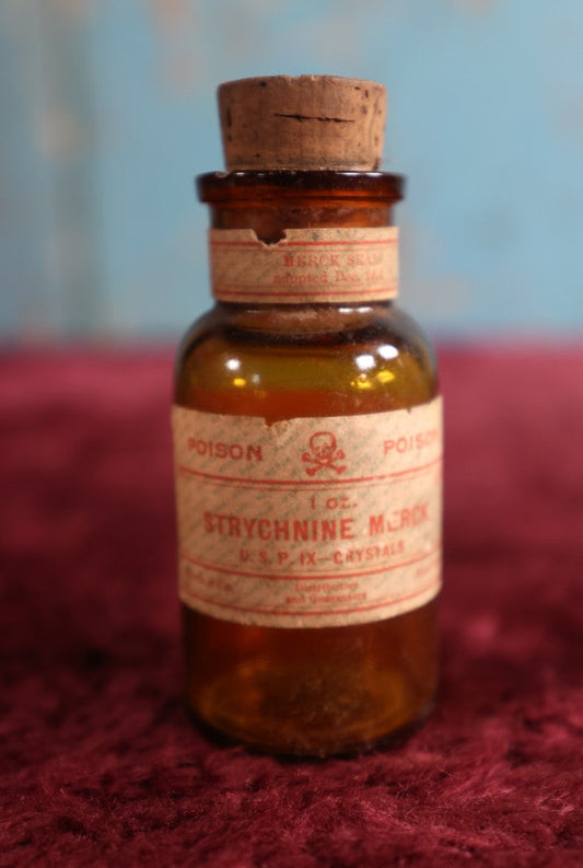 Lot 077 - Vintage Merck Strychnine Poison Bottle With Two Paper Labels, Cork