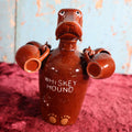 Lot 082 - Vintage Whiskey Hound Red Ware Dog Decanter With Four Shot Glasses, Made In Japan