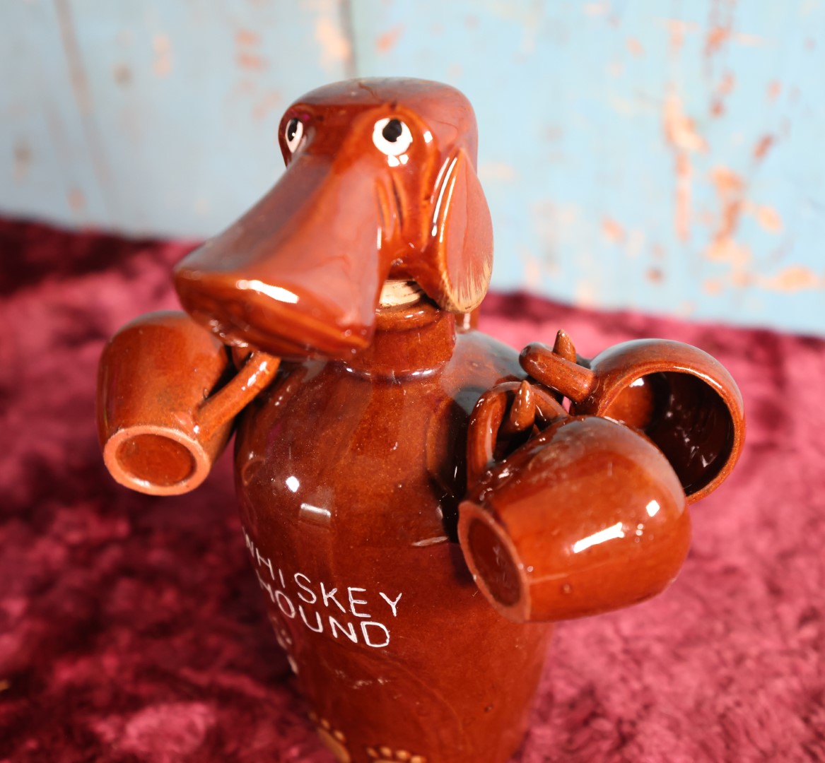 Lot 082 - Vintage Whiskey Hound Red Ware Dog Decanter With Four Shot Glasses, Made In Japan