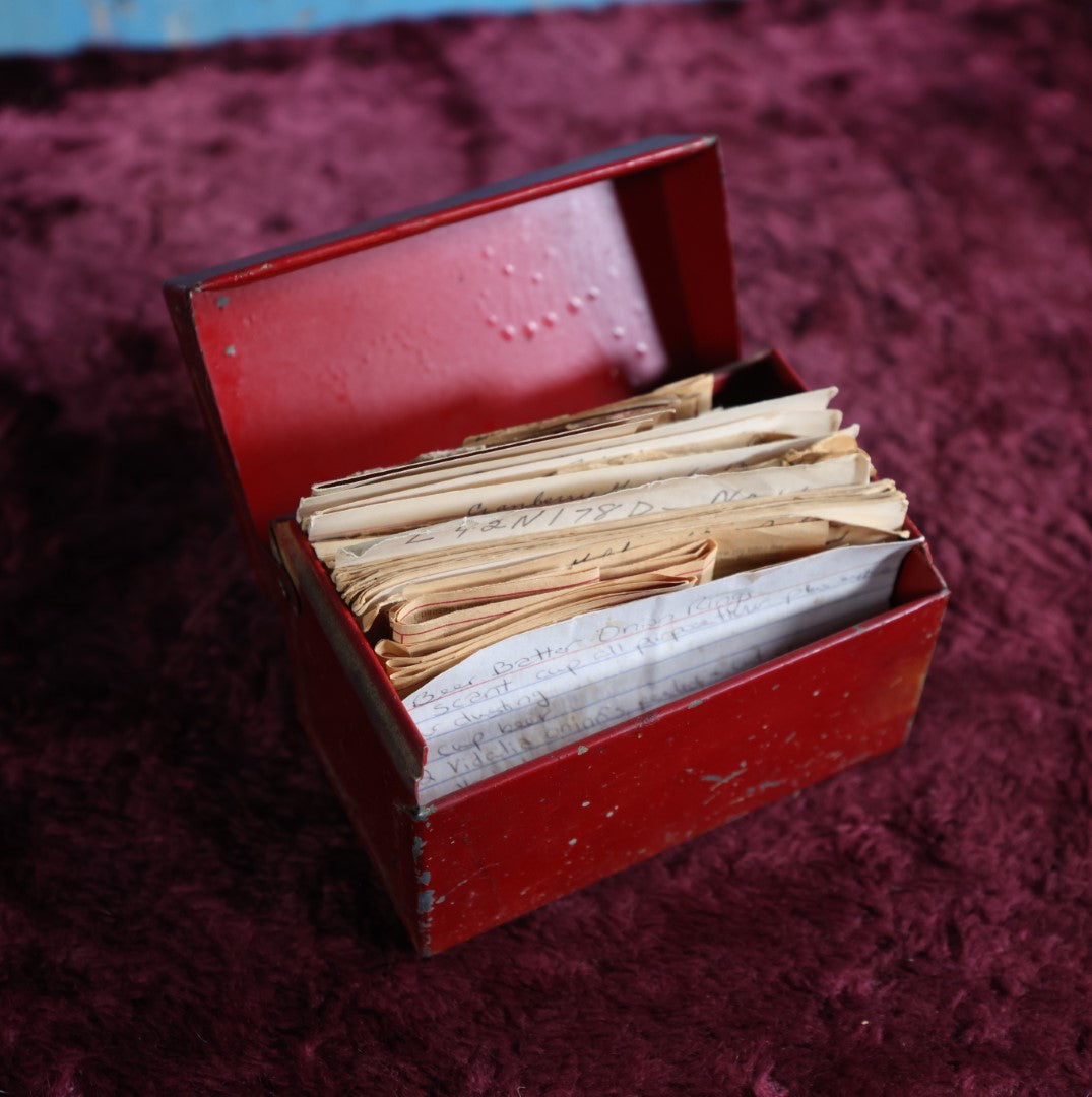 Lot 086 - Vintage Red Tin Box With Hand Written Recipes, Other Notes And Ephemera