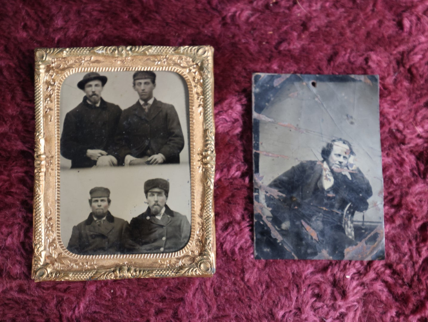 Lot 093 - Pair Of Tintypes, Double Exposure Of Men In Tin Framed And Mat, Along With Damaged Tintype Of Leaning Man