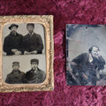 Lot 093 - Pair Of Tintypes, Double Exposure Of Men In Tin Framed And Mat, Along With Damaged Tintype Of Leaning Man