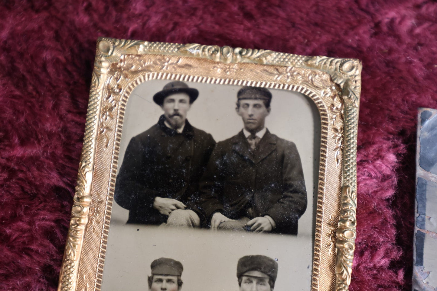 Lot 093 - Pair Of Tintypes, Double Exposure Of Men In Tin Framed And Mat, Along With Damaged Tintype Of Leaning Man