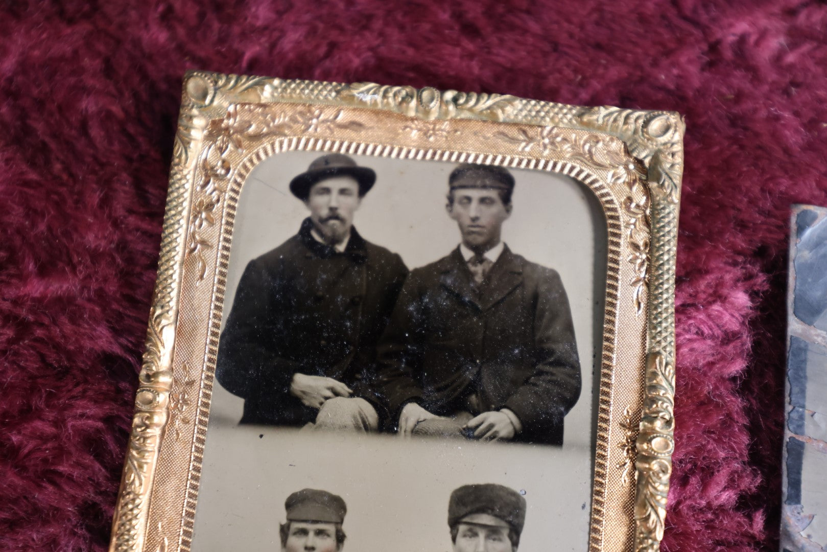 Lot 093 - Pair Of Tintypes, Double Exposure Of Men In Tin Framed And Mat, Along With Damaged Tintype Of Leaning Man