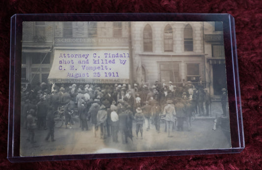 Lot 112 - Antique Rppc Real Photo Postcard Of Schroeder'S Pharmacy, Marking Death Of Attorney C. Tindall, Shot And Killed By C.E. Vanpelt, 1911