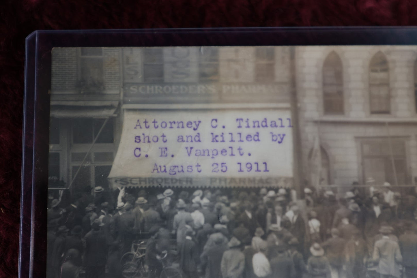 Lot 112 - Antique Rppc Real Photo Postcard Of Schroeder'S Pharmacy, Marking Death Of Attorney C. Tindall, Shot And Killed By C.E. Vanpelt, 1911