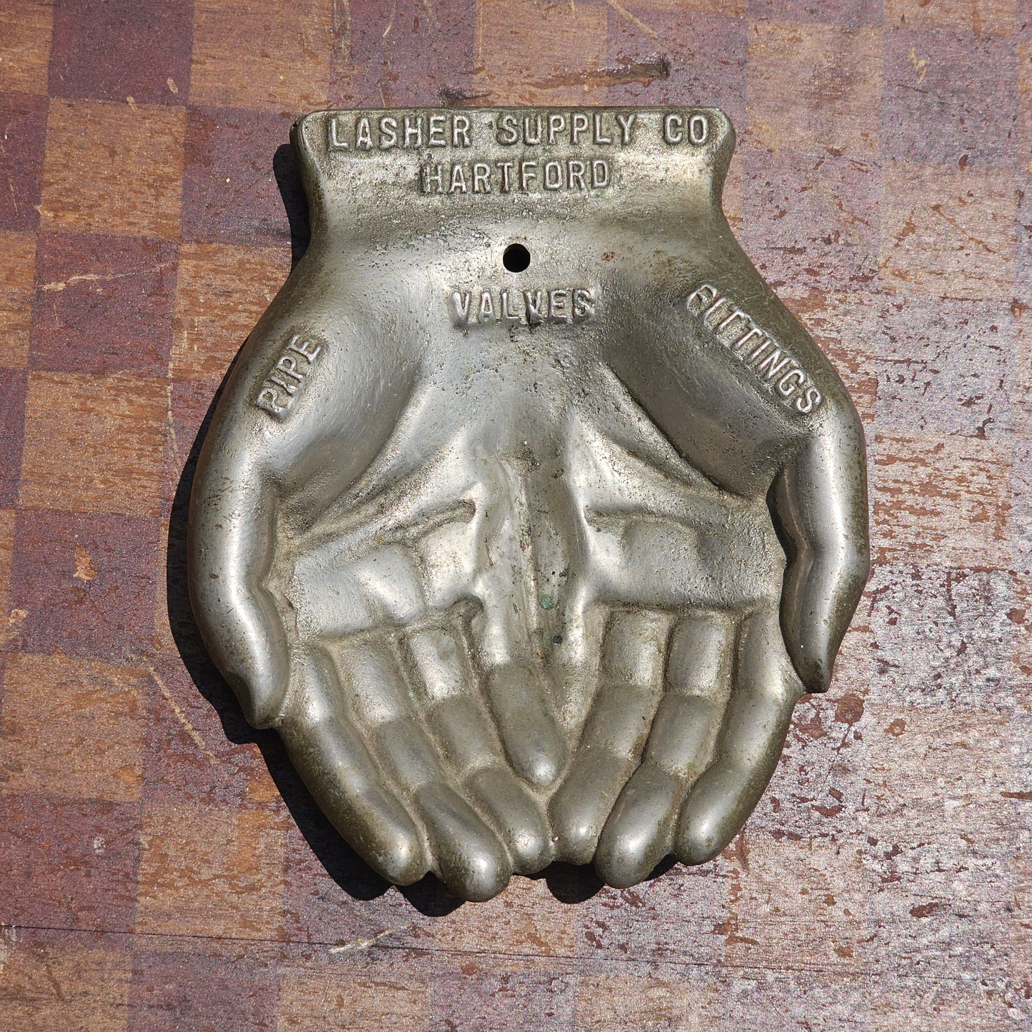 Vintage Cast Metal Advertising Hands Tray, Lasher Supply Co., Hartford, Connecticut - Pipe, Valves, Fittings