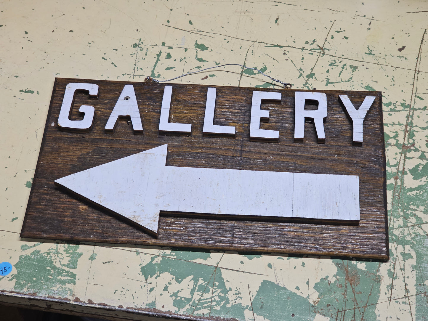 Vintage Home Made Folk Art Scroll Cut Gallery Sign, Arrow, Antiques Sign, 17.5" x 10"