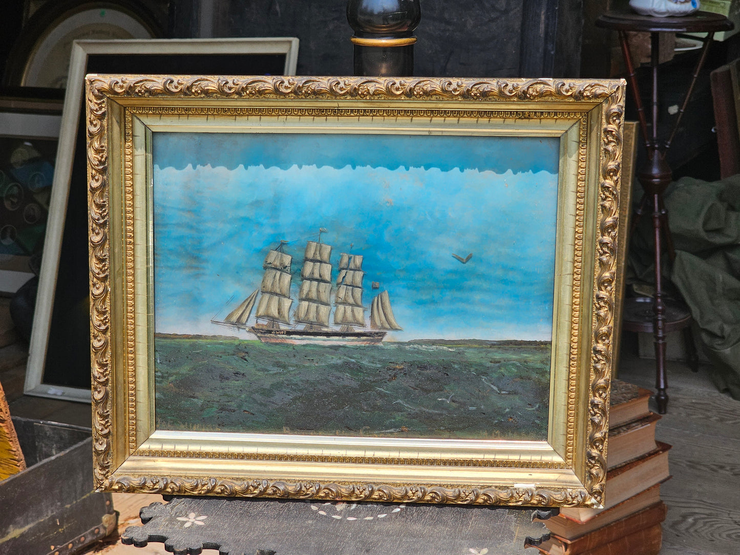 Antique Reverse Painted Glass Ship Nautical Painting, "Swift," Signed H.M. Jeens, Dated 1892, Framed, 16" x 13"