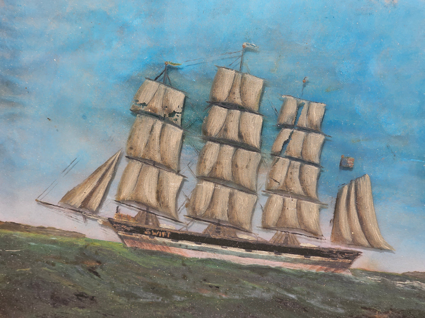 Antique Reverse Painted Glass Ship Nautical Painting, "Swift," Signed H.M. Jeens, Dated 1892, Framed, 16" x 13"