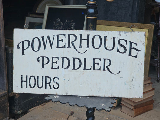 Vintage Powerhouse Peddler Antiques Store Hand Painted Hours Sign on Wood, With Hooks, 24" x 13"