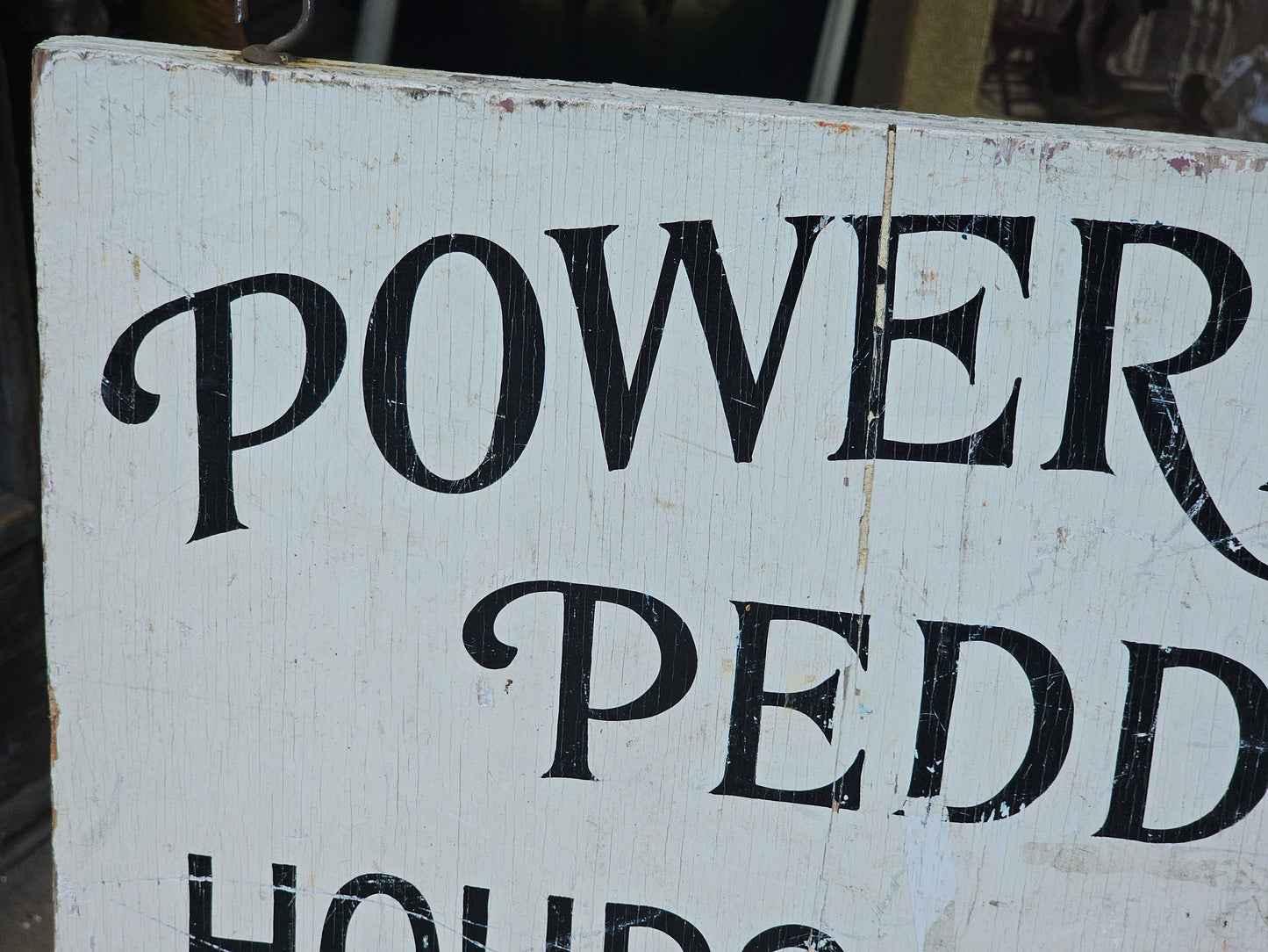 Vintage Powerhouse Peddler Antiques Store Hand Painted Hours Sign on Wood, With Hooks, 24" x 13"