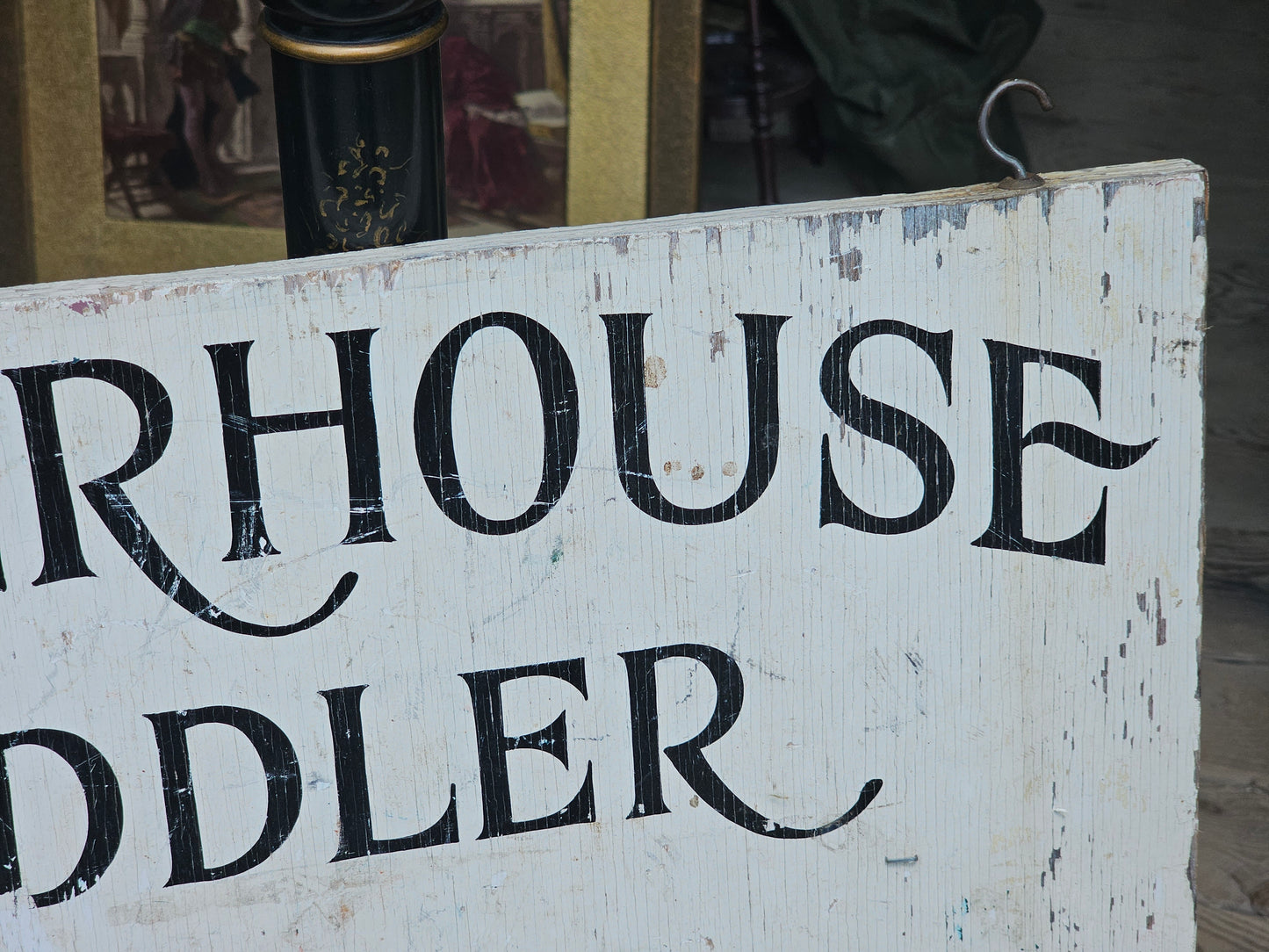 Vintage Powerhouse Peddler Antiques Store Hand Painted Hours Sign on Wood, With Hooks, 24" x 13"