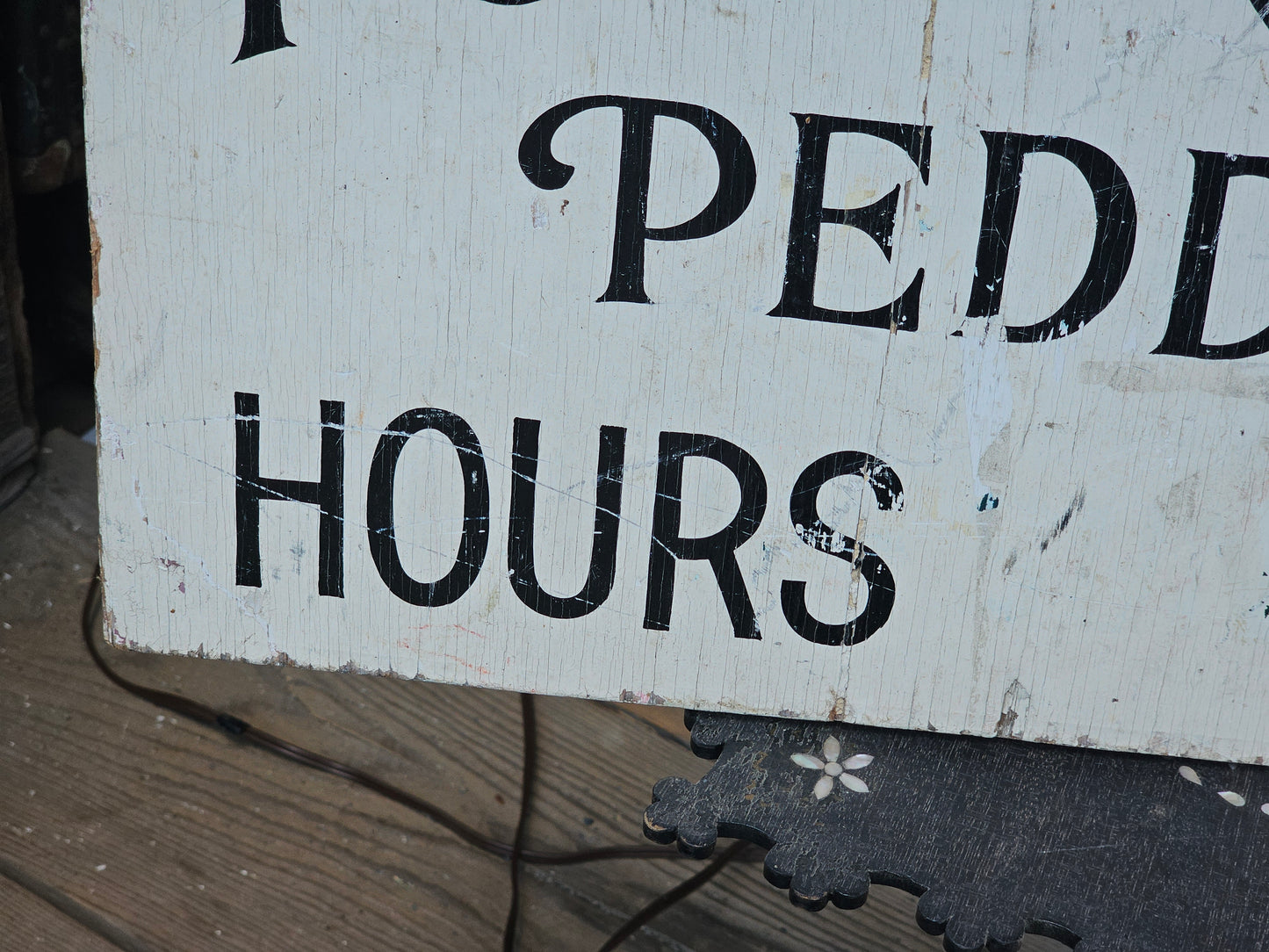 Vintage Powerhouse Peddler Antiques Store Hand Painted Hours Sign on Wood, With Hooks, 24" x 13"