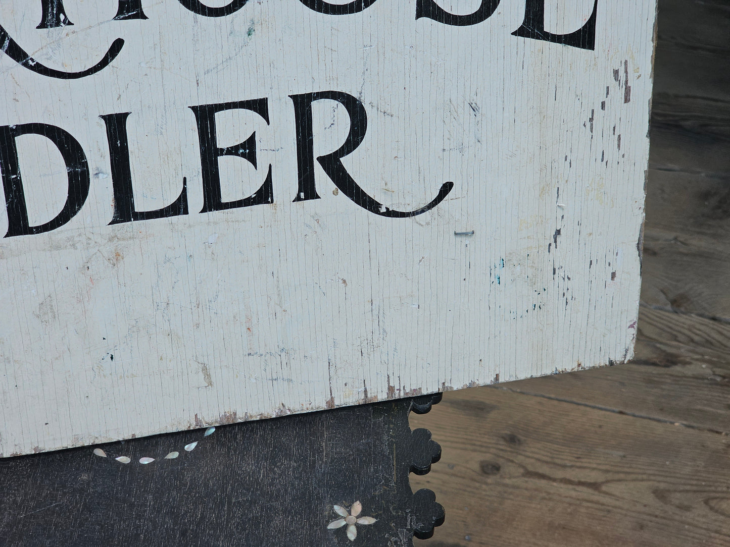 Vintage Powerhouse Peddler Antiques Store Hand Painted Hours Sign on Wood, With Hooks, 24" x 13"