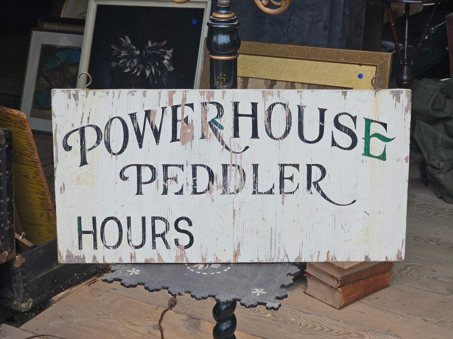 Vintage Powerhouse Peddler Antiques Store Hand Painted Hours Sign on Wood, With Hooks, 24" x 13"