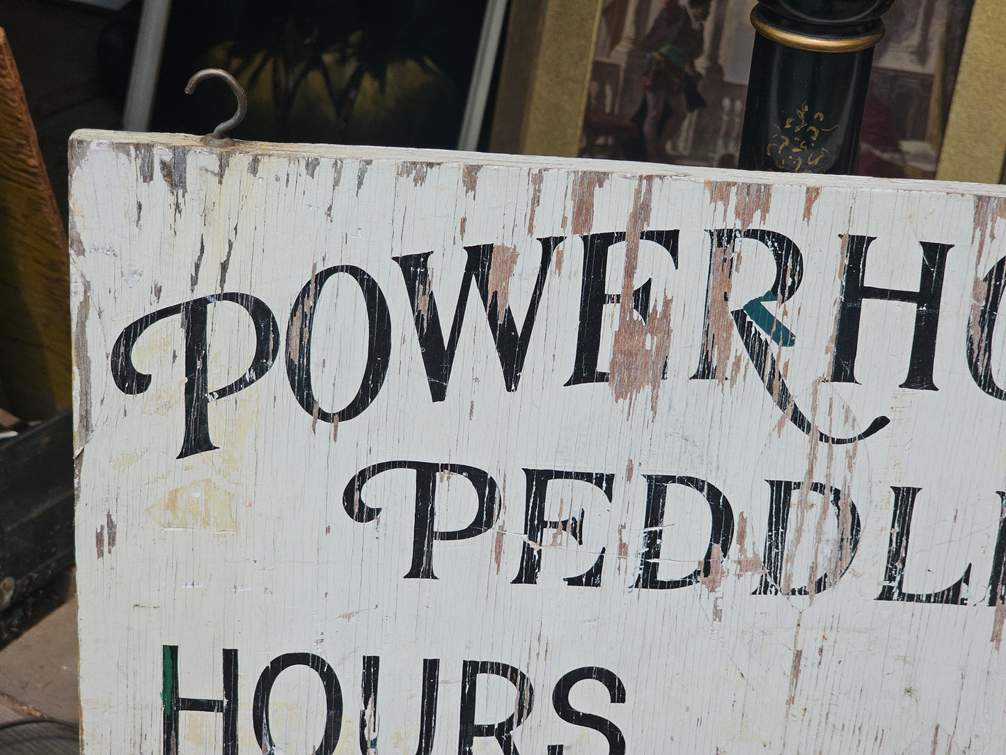 Vintage Powerhouse Peddler Antiques Store Hand Painted Hours Sign on Wood, With Hooks, 24" x 13"