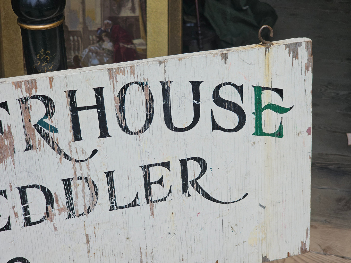 Vintage Powerhouse Peddler Antiques Store Hand Painted Hours Sign on Wood, With Hooks, 24" x 13"