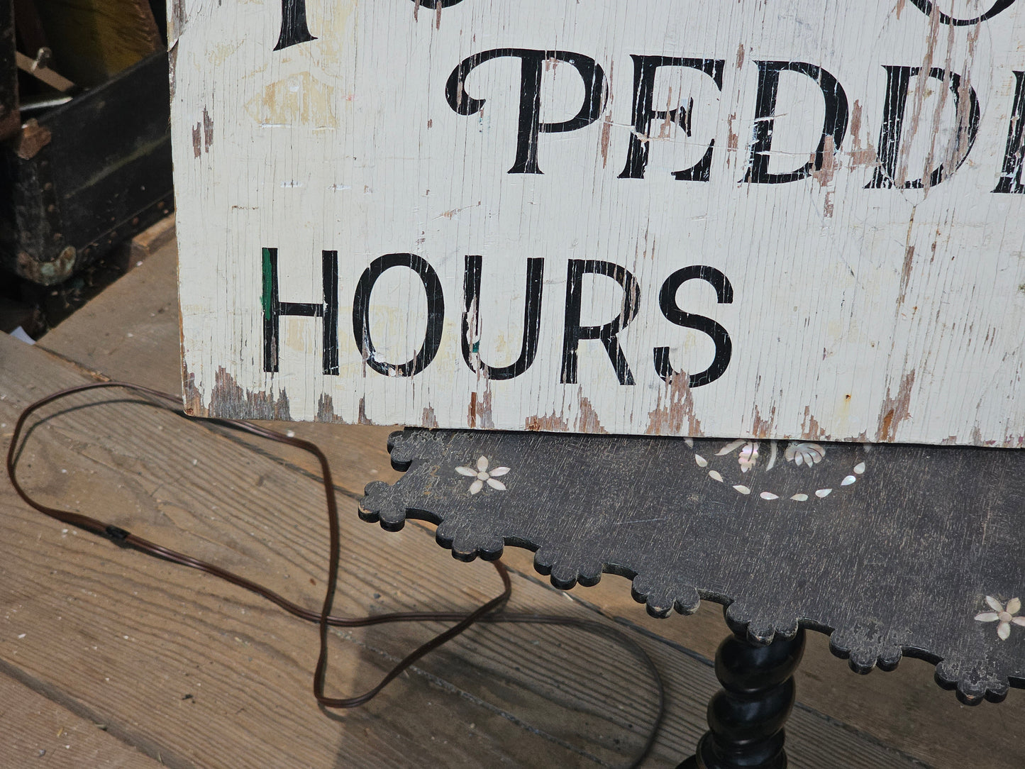 Vintage Powerhouse Peddler Antiques Store Hand Painted Hours Sign on Wood, With Hooks, 24" x 13"