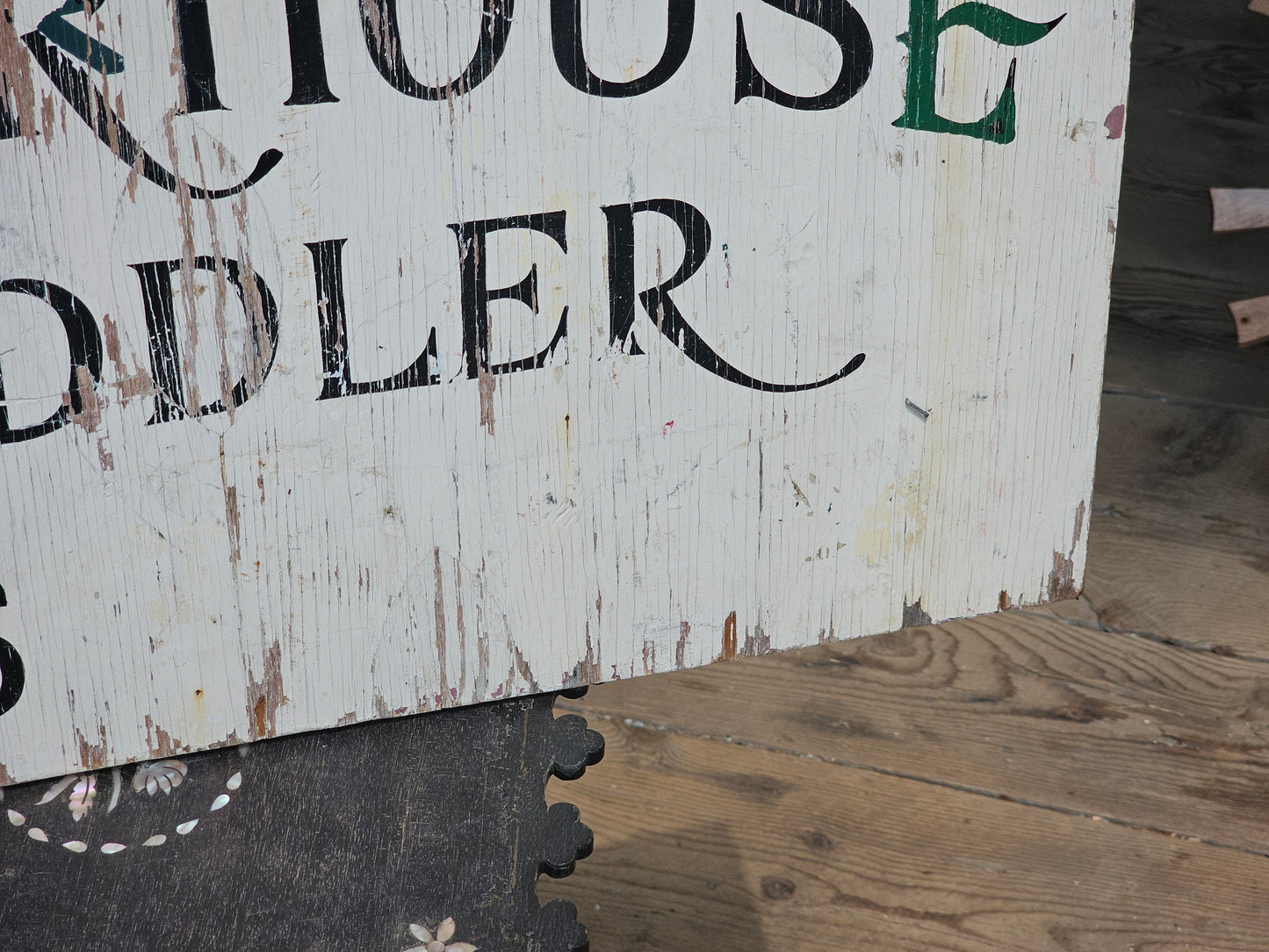 Vintage Powerhouse Peddler Antiques Store Hand Painted Hours Sign on Wood, With Hooks, 24" x 13"