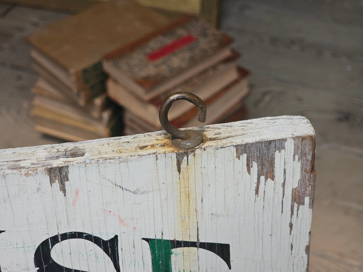 Vintage Powerhouse Peddler Antiques Store Hand Painted Hours Sign on Wood, With Hooks, 24" x 13"