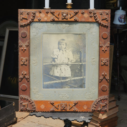 Antique Tramp Art Folk Art Wooden Frame with Large Boarded Photo of Little Girl with Art Nouveau Embellishments, Losses to Frame, Missing Wood Pieces, 18" x 21"