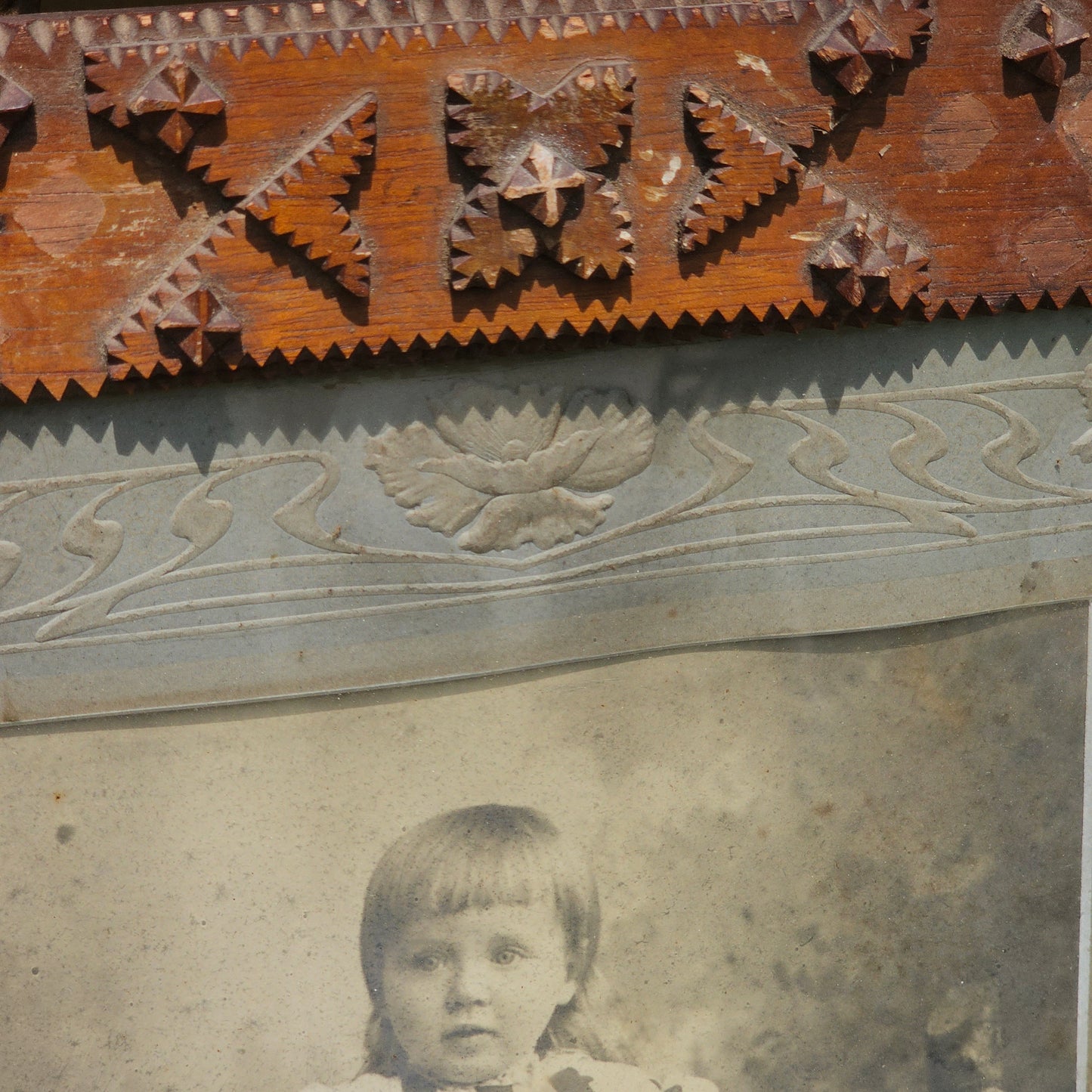 Antique Tramp Art Folk Art Wooden Frame with Large Boarded Photo of Little Girl with Art Nouveau Embellishments, Losses to Frame, Missing Wood Pieces, 18" x 21"