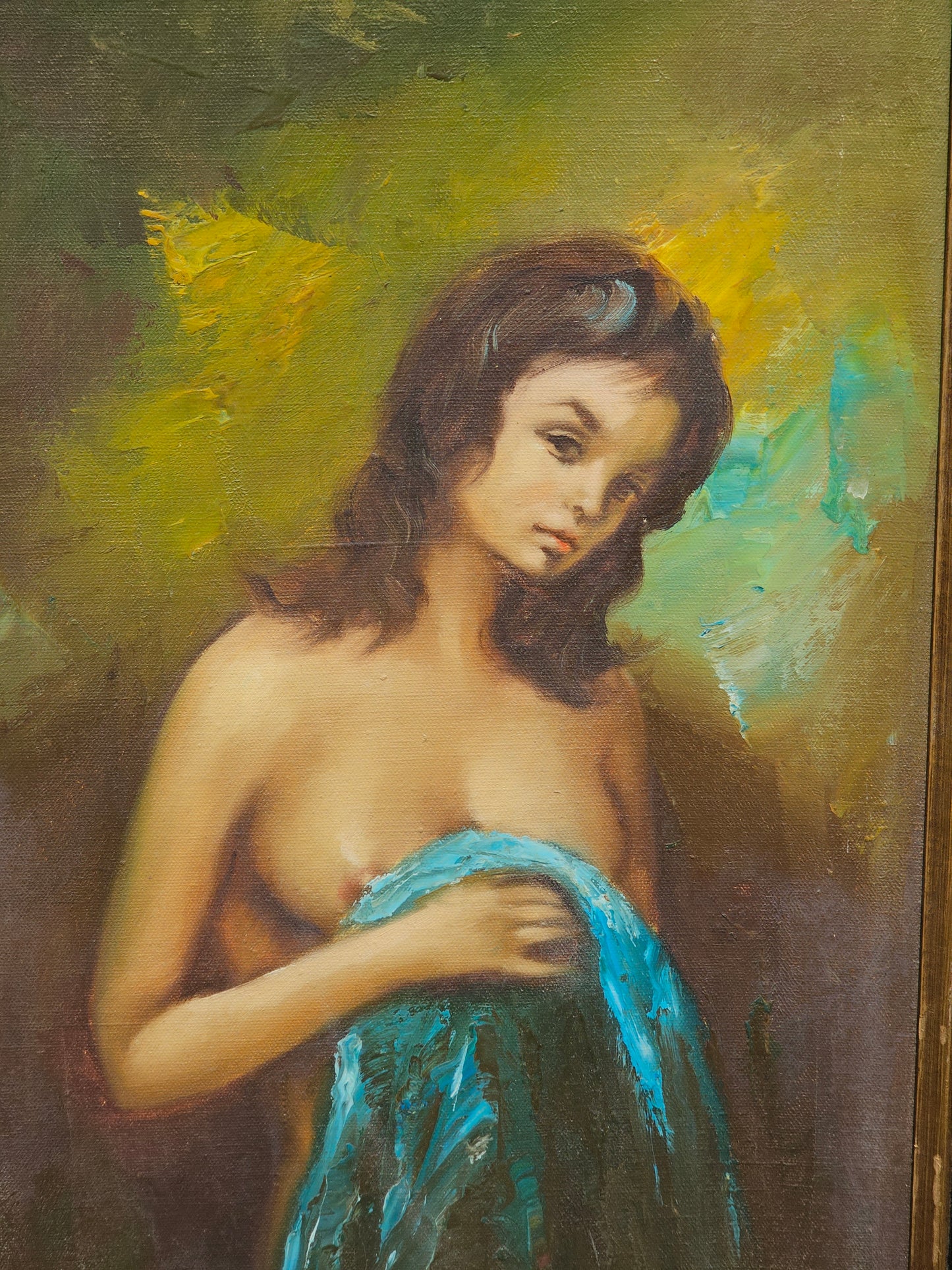 Vintage Mexican Nude Woman Oil on Canvas Framed Painting, Hecho en Mexico, Signed Mio L., 17.25" x 29"