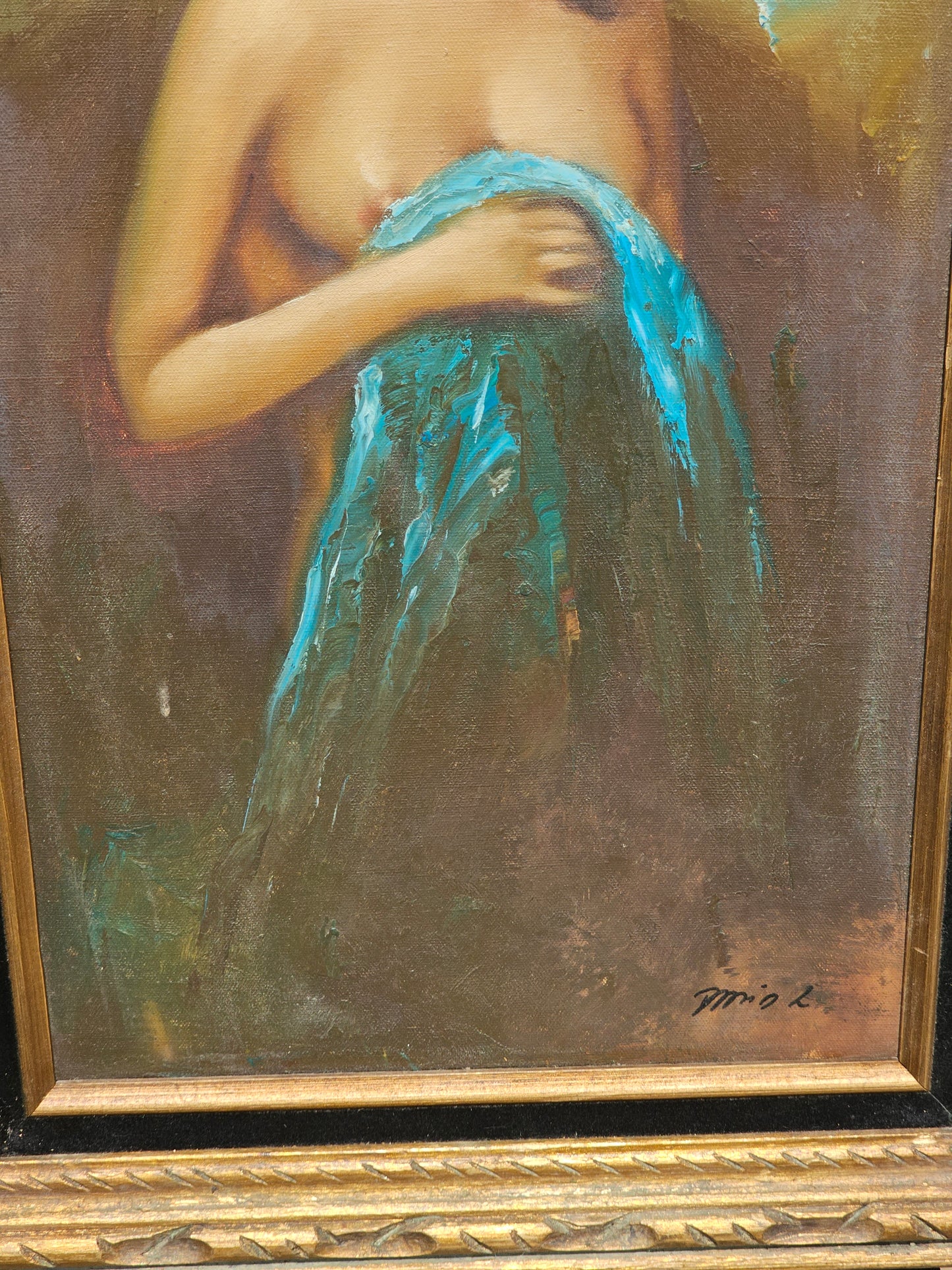 Vintage Mexican Nude Woman Oil on Canvas Framed Painting, Hecho en Mexico, Signed Mio L., 17.25" x 29"